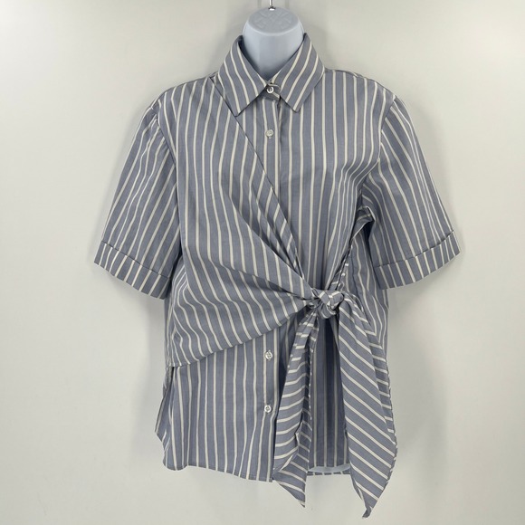 Kal Rieman Shirt Women Medium Blue Striped Twist Front Tie Waist Button Down USA - Picture 8 of 8